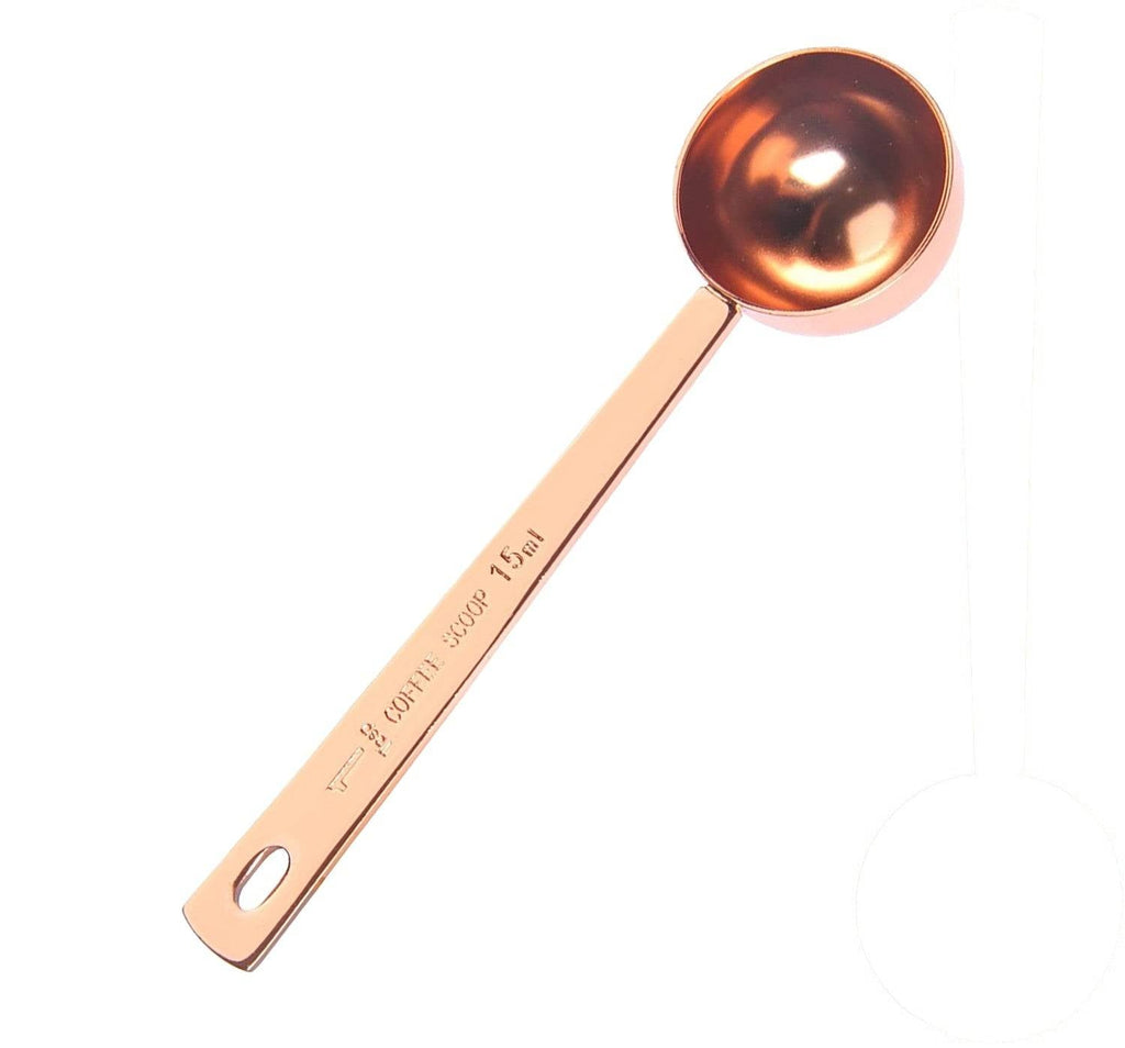 Stainless steel coffee scoop measuring spoon in silver and rose gold with engraved handle — view 3