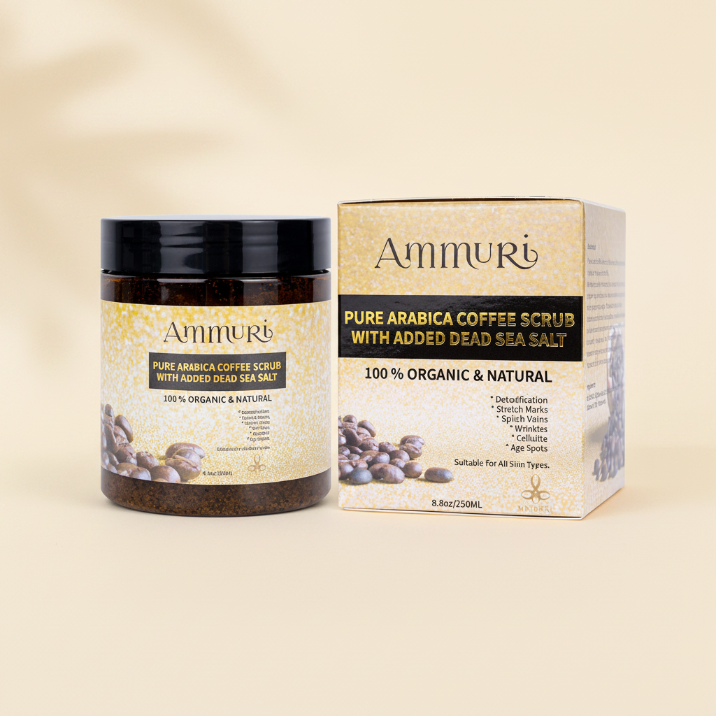 Organic Arabica coffee scrub face mask in a jar with Dead Sea salt