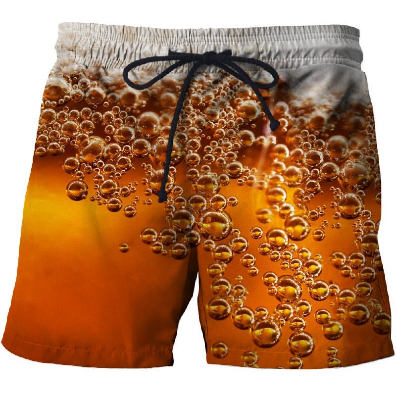 Mens board shorts featuring a vibrant 3D cola bubble print in quick dry polyester fabric