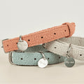 Boucle dog collar in soft textured polyester with metal hardware and engravable ID tag attached