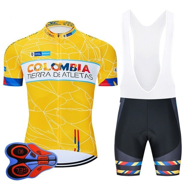Men's yellow Colombia cycling jersey and shorts set with breathable gel pad
