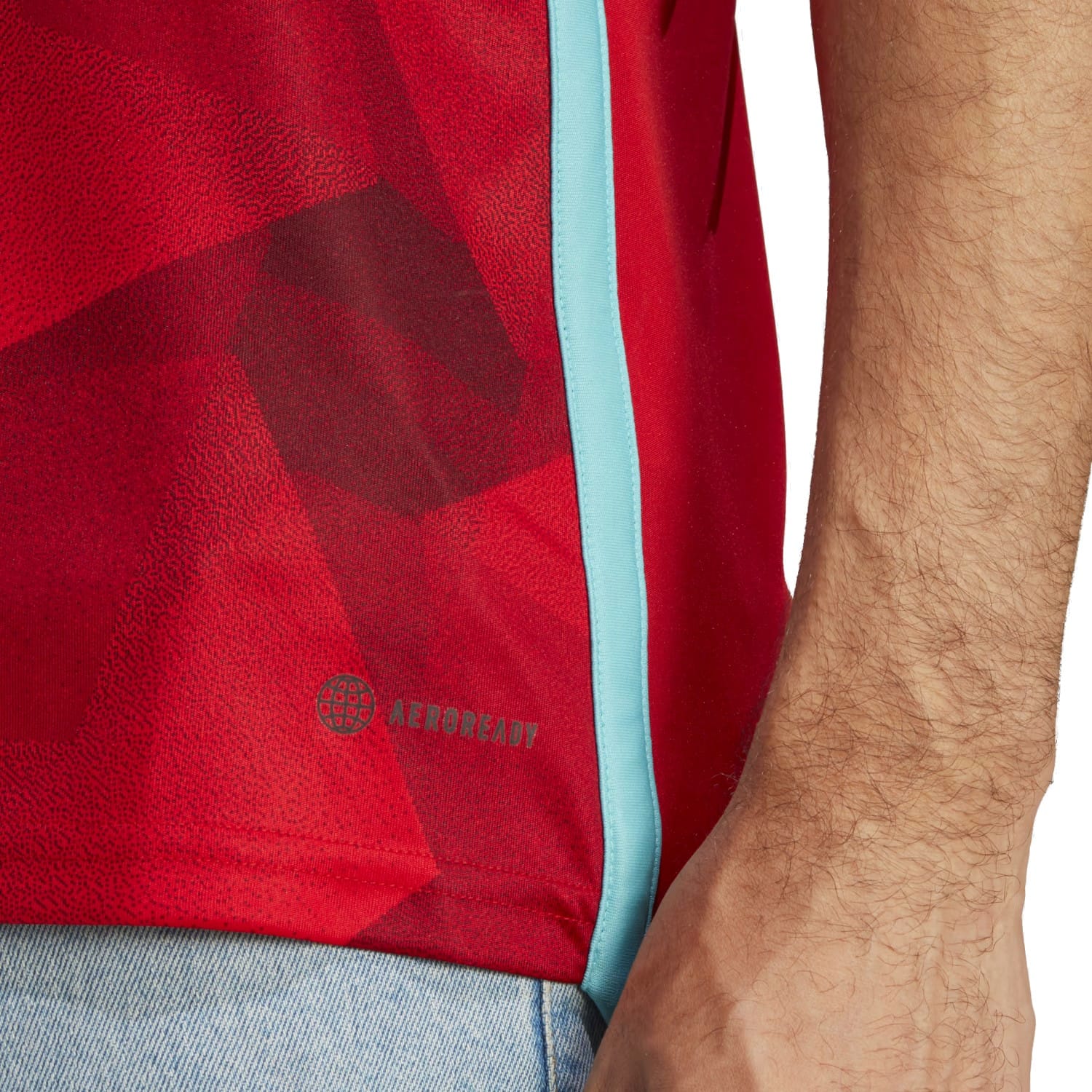 Colombia away soccer jersey in red with light blue stripes and official crest by Adidas — view 5