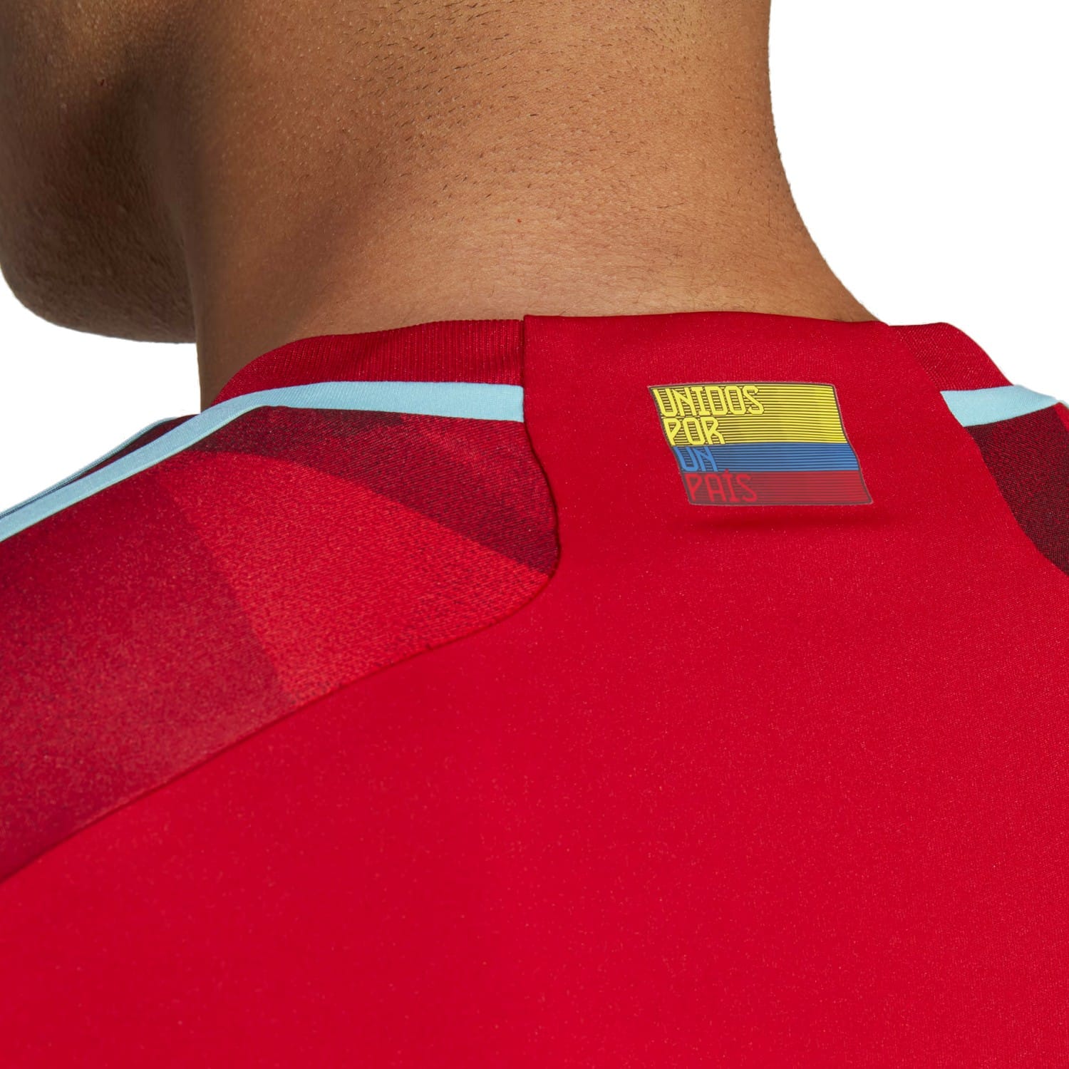 Colombia away soccer jersey in red with light blue stripes and official crest by Adidas — view 4