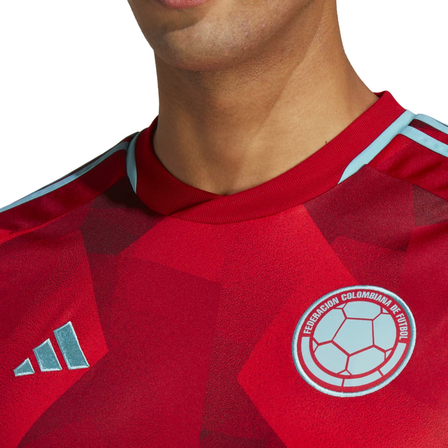 Colombia away soccer jersey in red with light blue stripes and official crest by Adidas — view 3