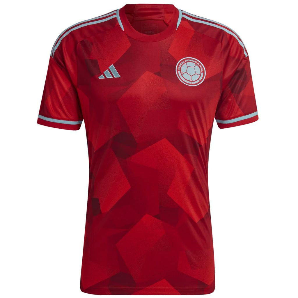 Colombia away soccer jersey in red with light blue stripes and official crest by Adidas