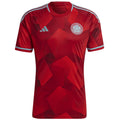Colombia away soccer jersey in red with light blue stripes and official crest by Adidas