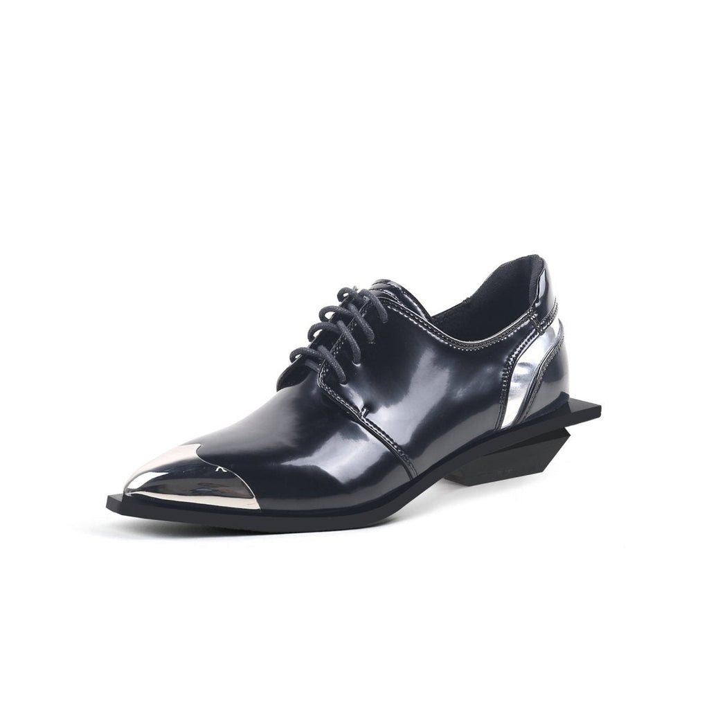 Color block low heel oxford shoes with metallic pointed toe and lace-up design — view 2