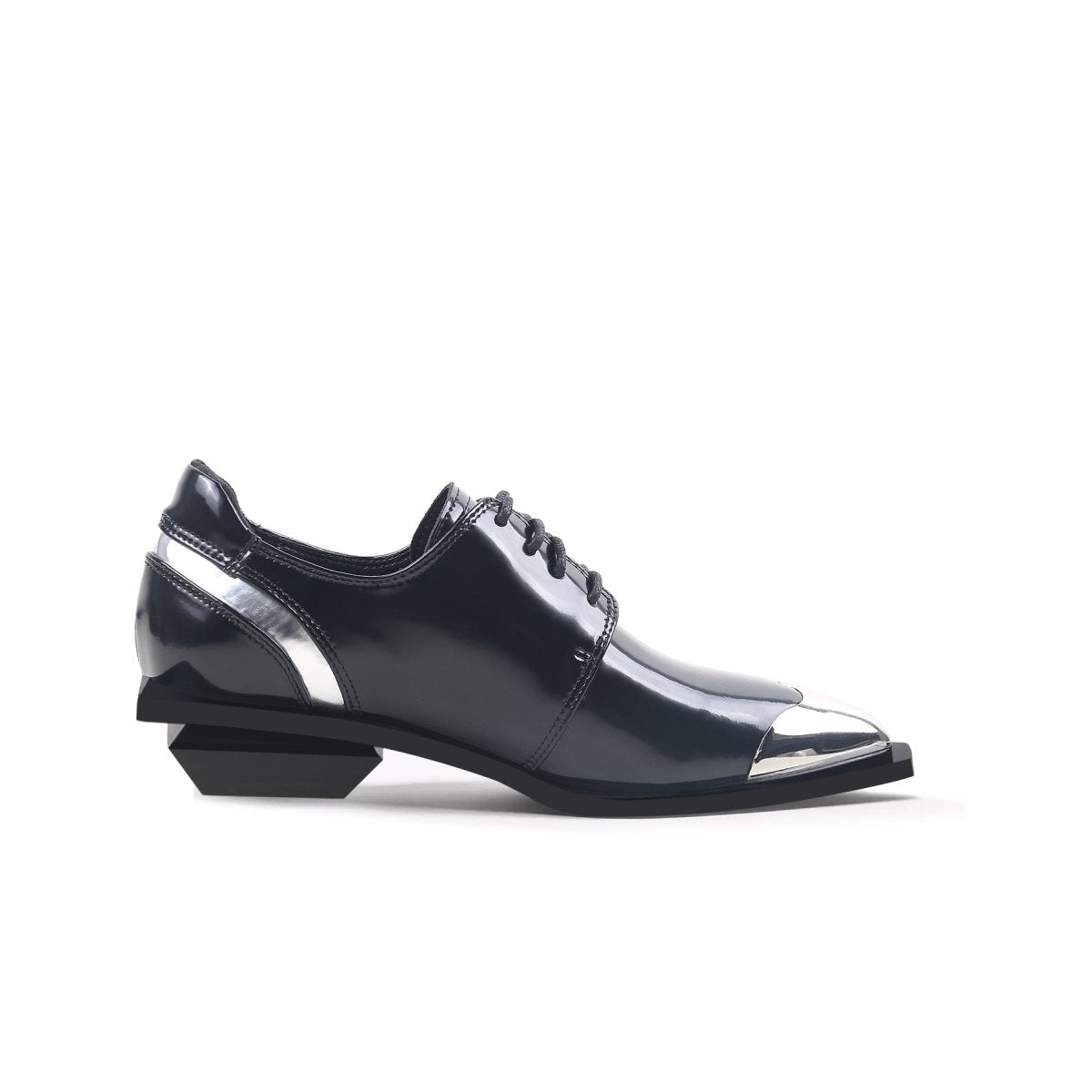 Color block low heel oxford shoes with metallic pointed toe and lace-up design — view 3