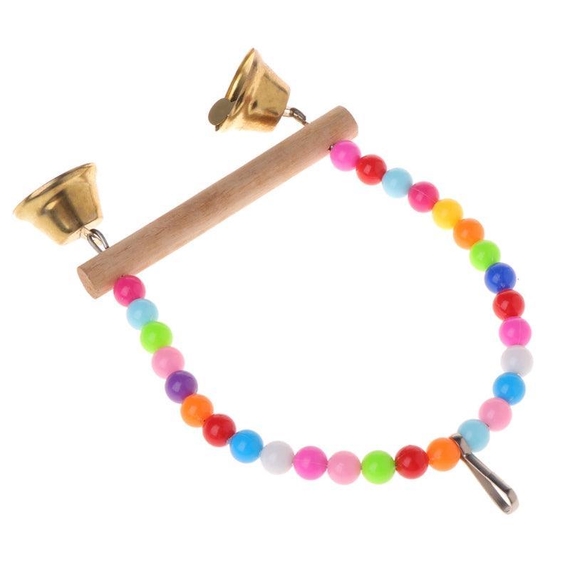 Colorful wooden beaded bird swing with two bottom bells and top hanging hook for cages — view 2