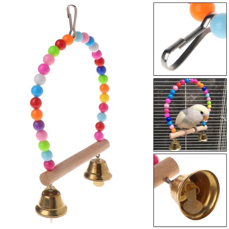 Colorful wooden beaded bird swing with two bottom bells and top hanging hook for cages — view 4