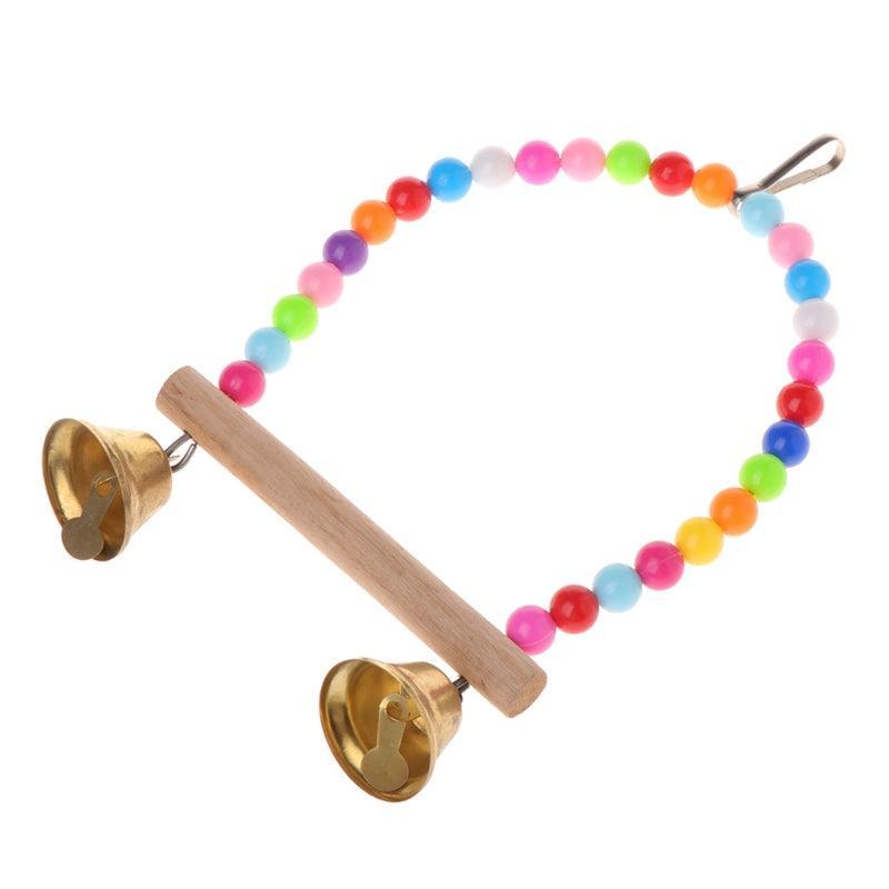 Colorful wooden beaded bird swing with two bottom bells and top hanging hook for cages — view 5