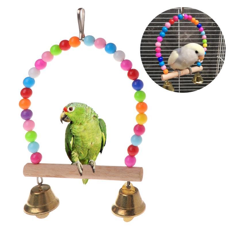 Colorful wooden beaded bird swing with two bottom bells and top hanging hook for cages