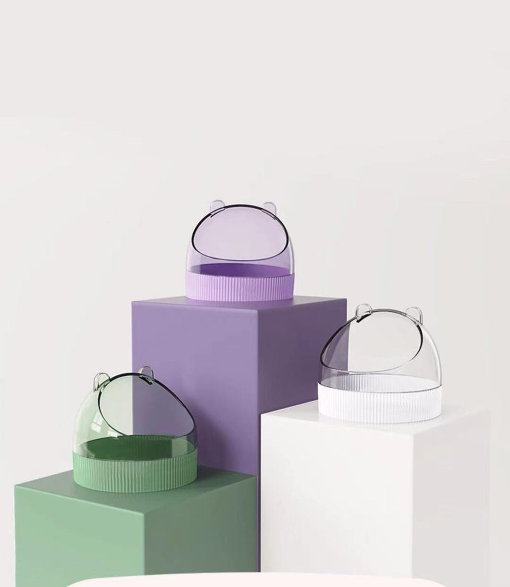 Colorful acrylic hamster food basin with elegant gold wire feeder attachment for small pet cages