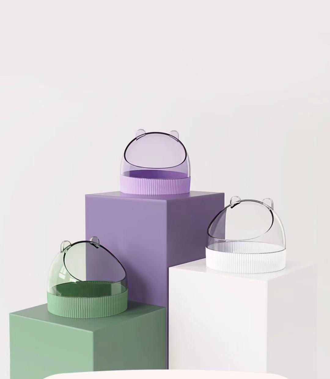 Colorful acrylic hamster food basin with elegant gold wire feeder attachment for small pet cages
