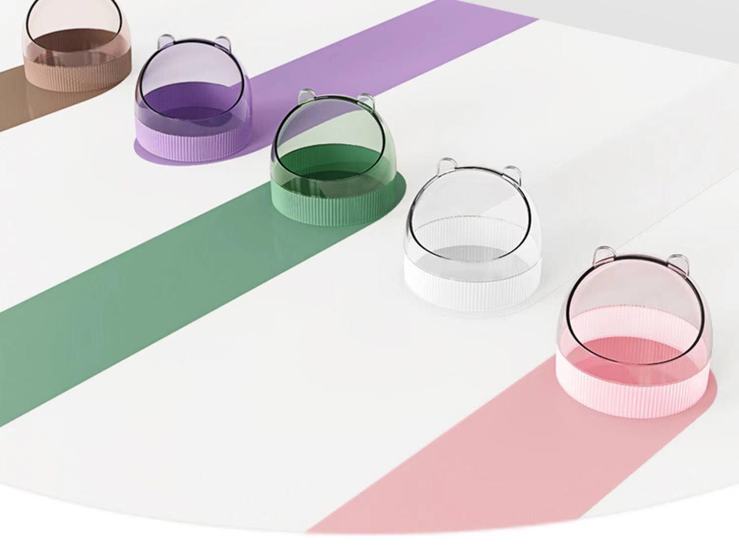 Colorful acrylic hamster food basin with elegant gold wire feeder attachment for small pet cages — view 2