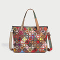 Colorful hippie floral patchwork leather tote bag with 3D flower appliqués and crossbody strap