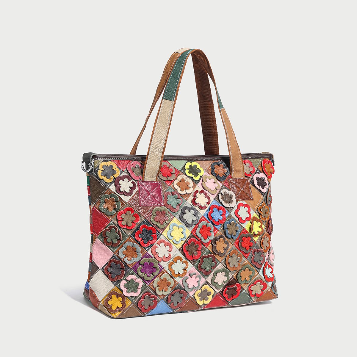 Colorful hippie floral patchwork leather tote bag with 3D flower appliqués and crossbody strap — view 2