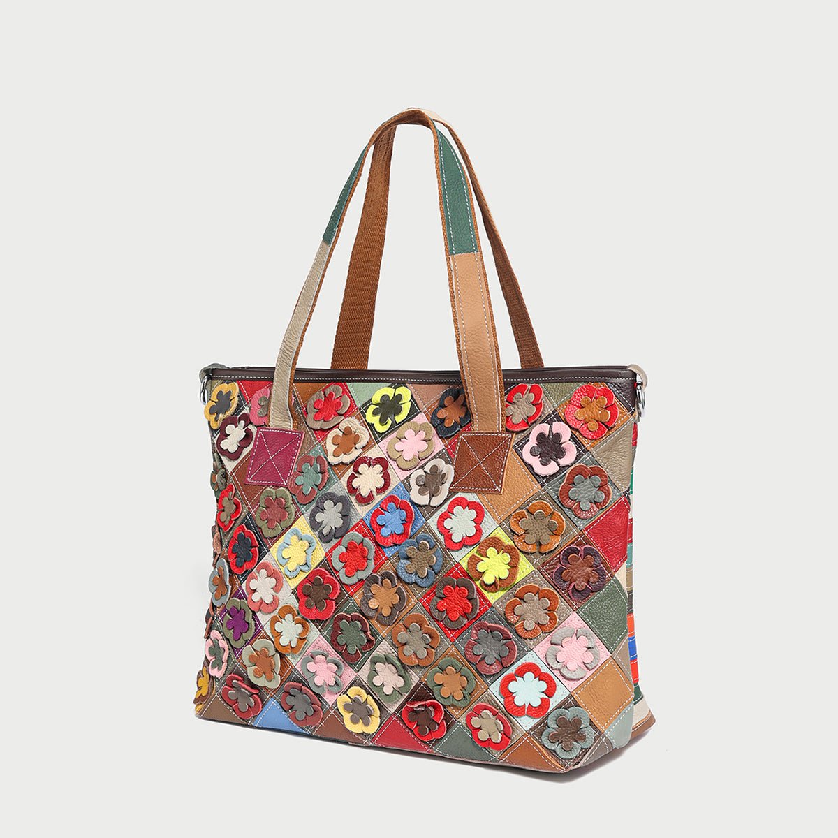 Colorful hippie floral patchwork leather tote bag with 3D flower appliqués and crossbody strap — view 3