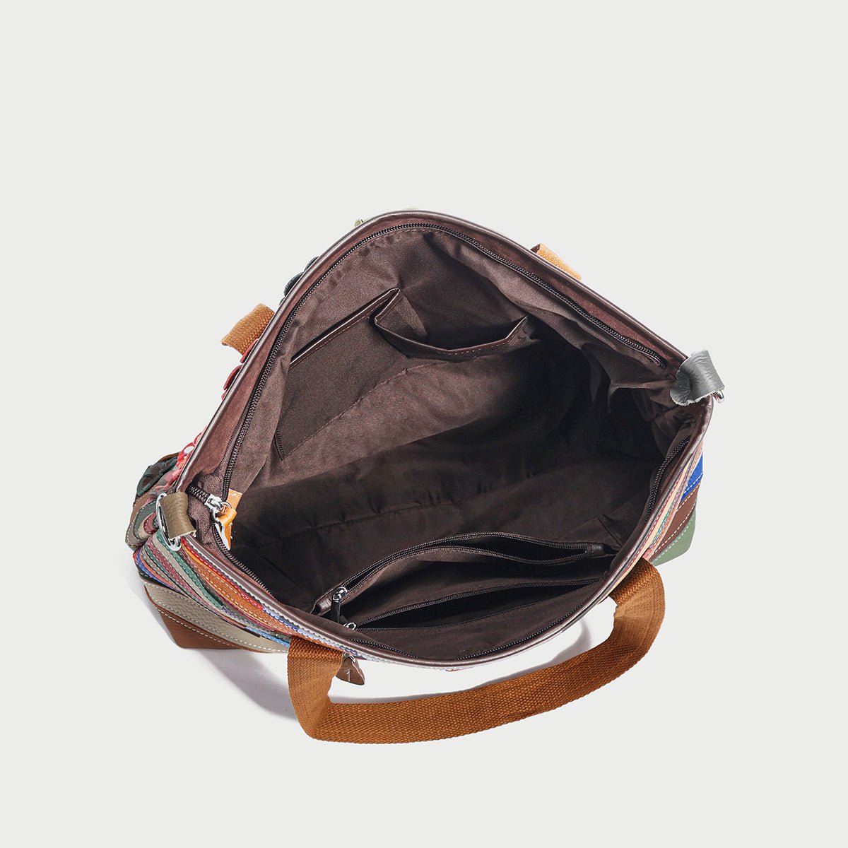 Colorful hippie floral patchwork leather tote bag with 3D flower appliqués and crossbody strap — view 4