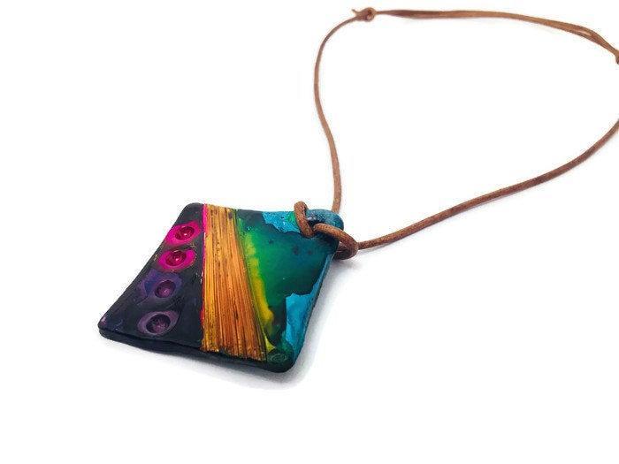 Abstract Geometric Pendant Necklace Handmade | Colorful Polymer Clay-0