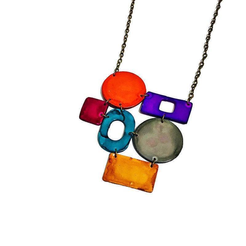 Colorful Geometric Statement Necklace, Handmade Polymer Clay-1