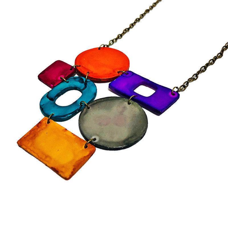 Colorful Geometric Statement Necklace, Handmade Polymer Clay-2