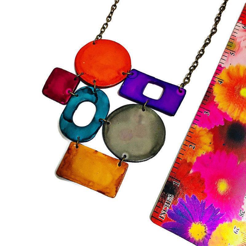Colorful Geometric Statement Necklace, Handmade Polymer Clay-3