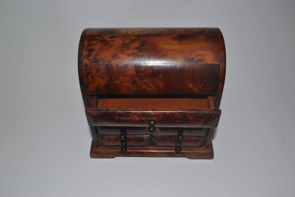 Handcrafted Moroccan Thuya wood jewelry chest featuring six small drawers and a smooth polished finish — view 2