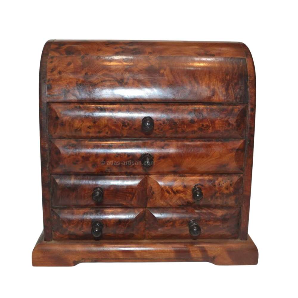 Handcrafted Moroccan Thuya wood jewelry chest featuring six small drawers and a smooth polished finish