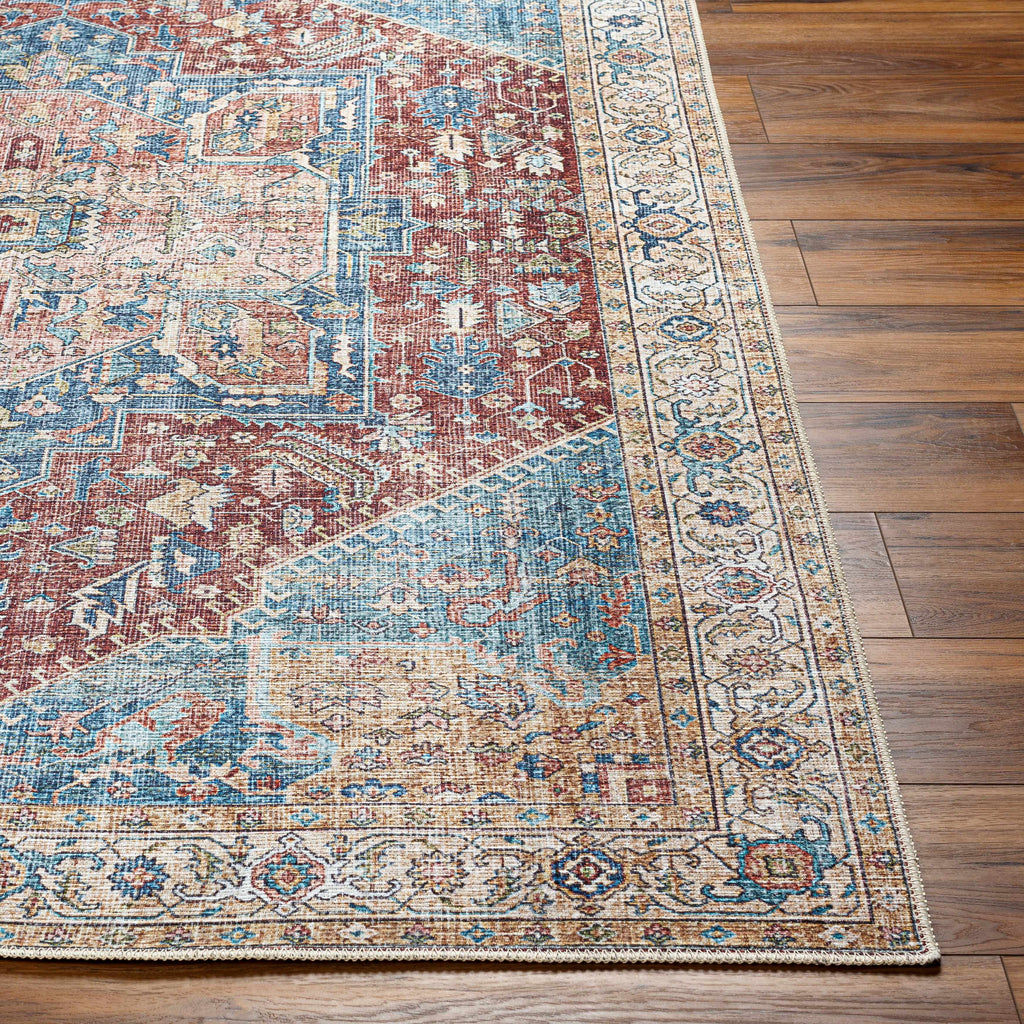 Traditional washable runner rug in blue and brick red flatweave with distressed medallion pattern — view 5