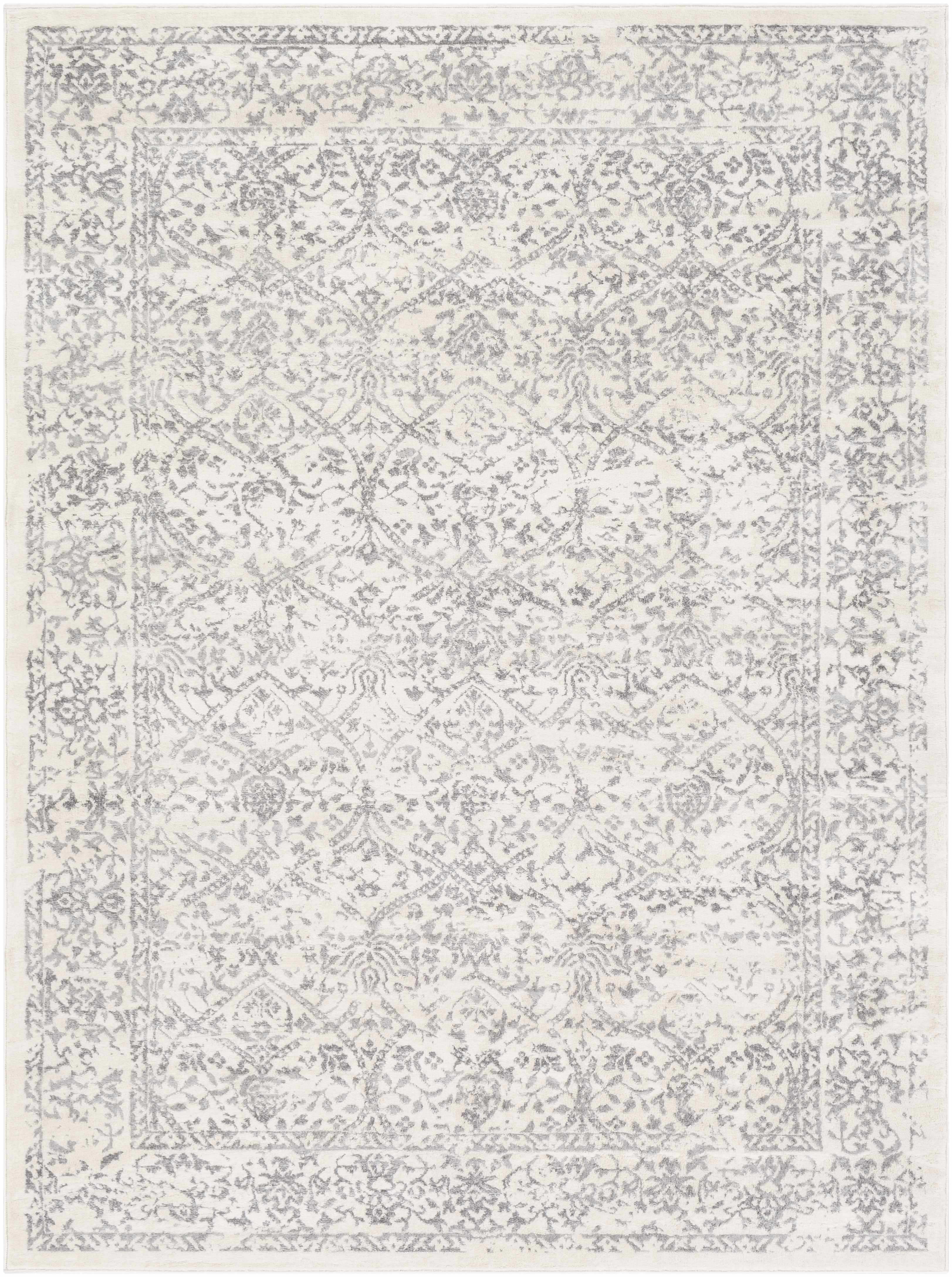 Comstock area rug in medium gray and charcoal with a traditional woven oriental pattern.