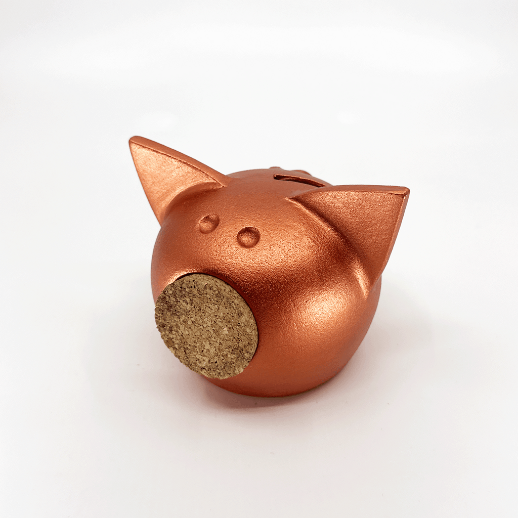 Handmade ceramic piggy bank in a metallic autumn hue with a natural cork snout — view 3