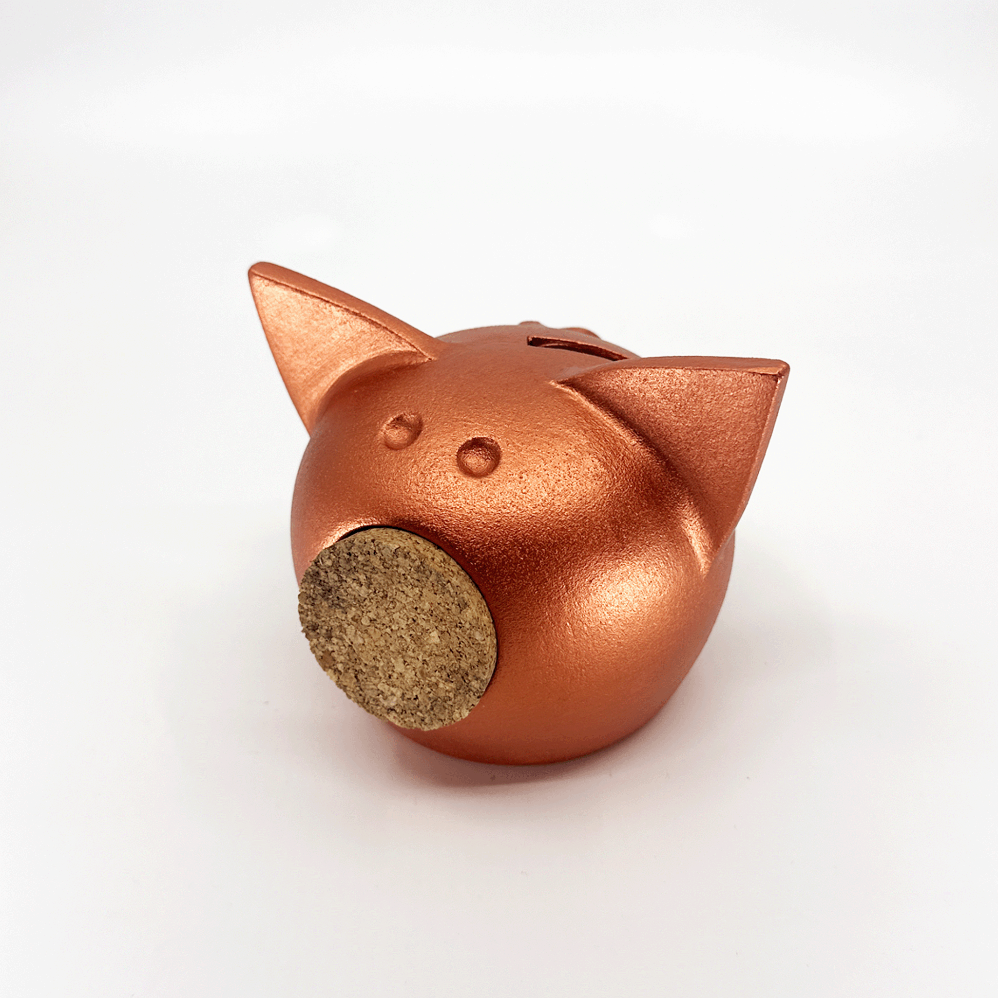 Handmade ceramic piggy bank in a metallic autumn hue with a natural cork snout — view 3