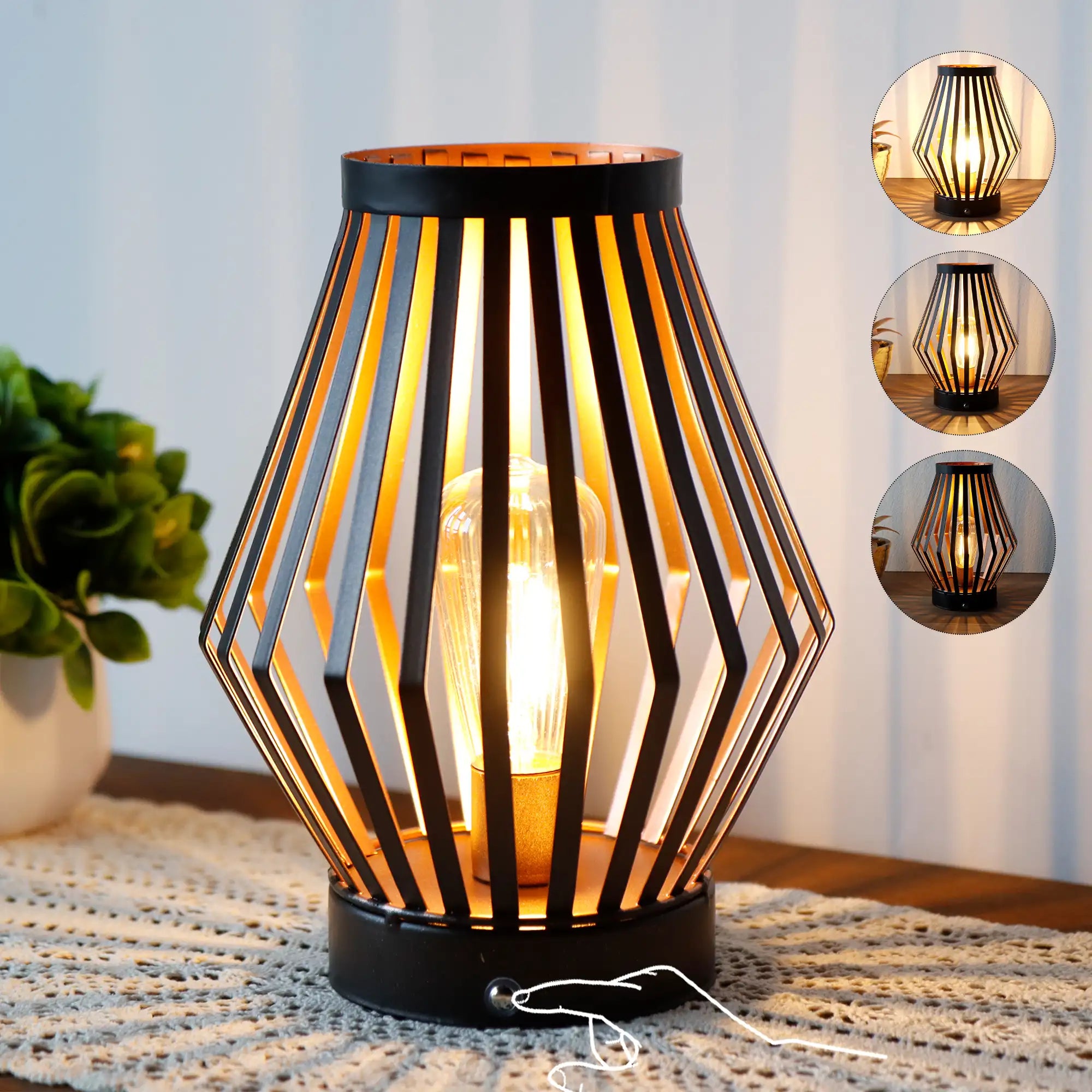 Set of two vintage bronze metal cage table lamps with warm glowing bulbs — view 3
