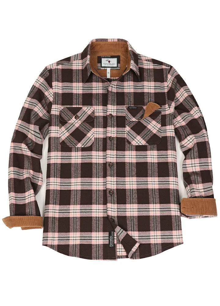 Mens midweight plaid flannel shirt in breathable cotton with button-up front and corduroy trim details — view 4
