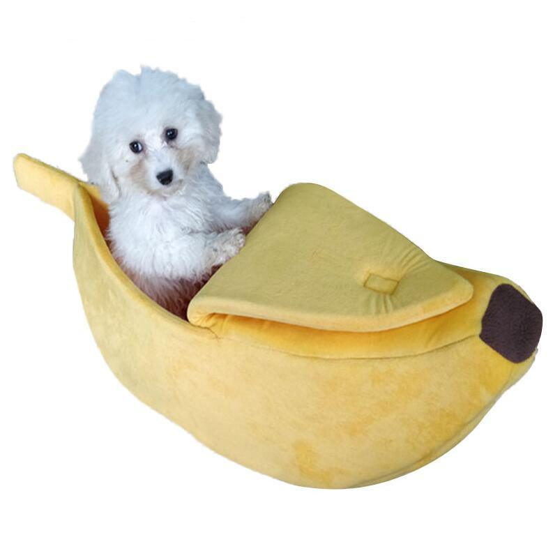 Cozy banana dog bed in vibrant yellow crystal velvet fabric for small pets and puppies