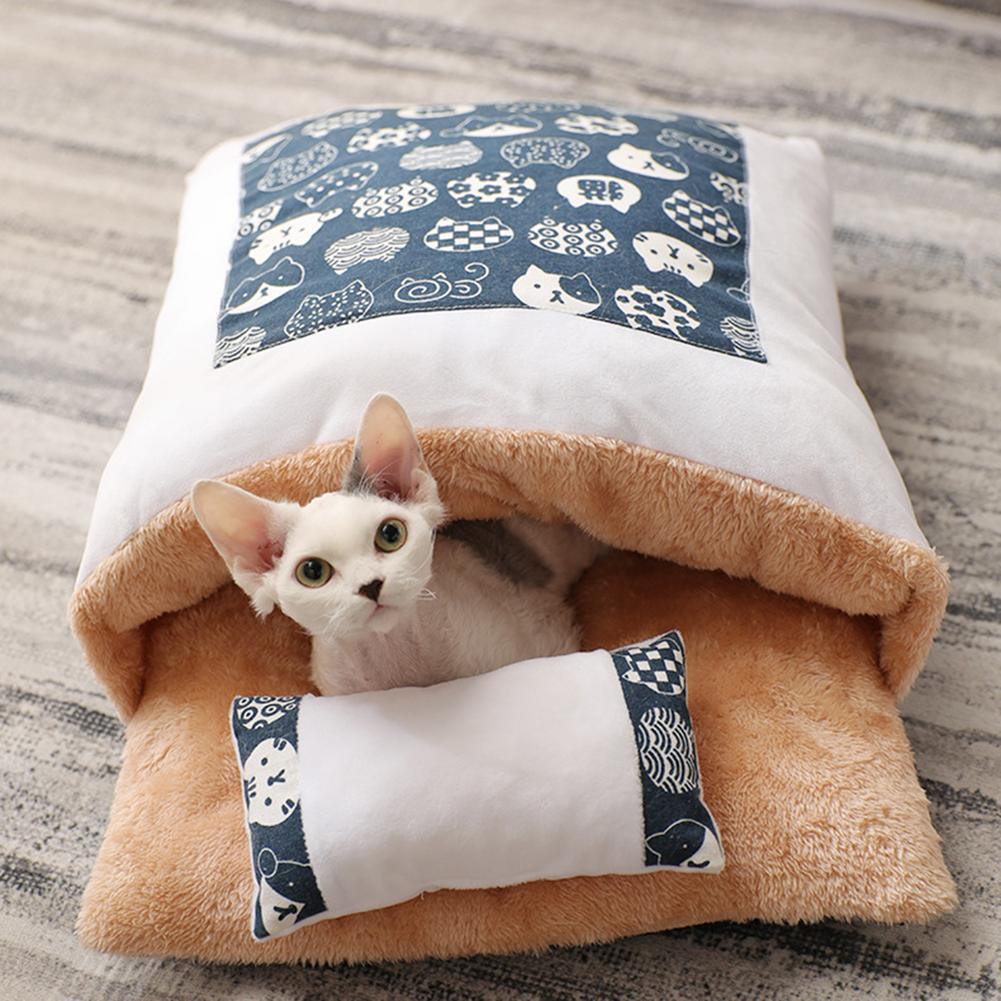 Cozy cave cat bed made of soft breathable cloth in a semi enclosed den shape — view 2