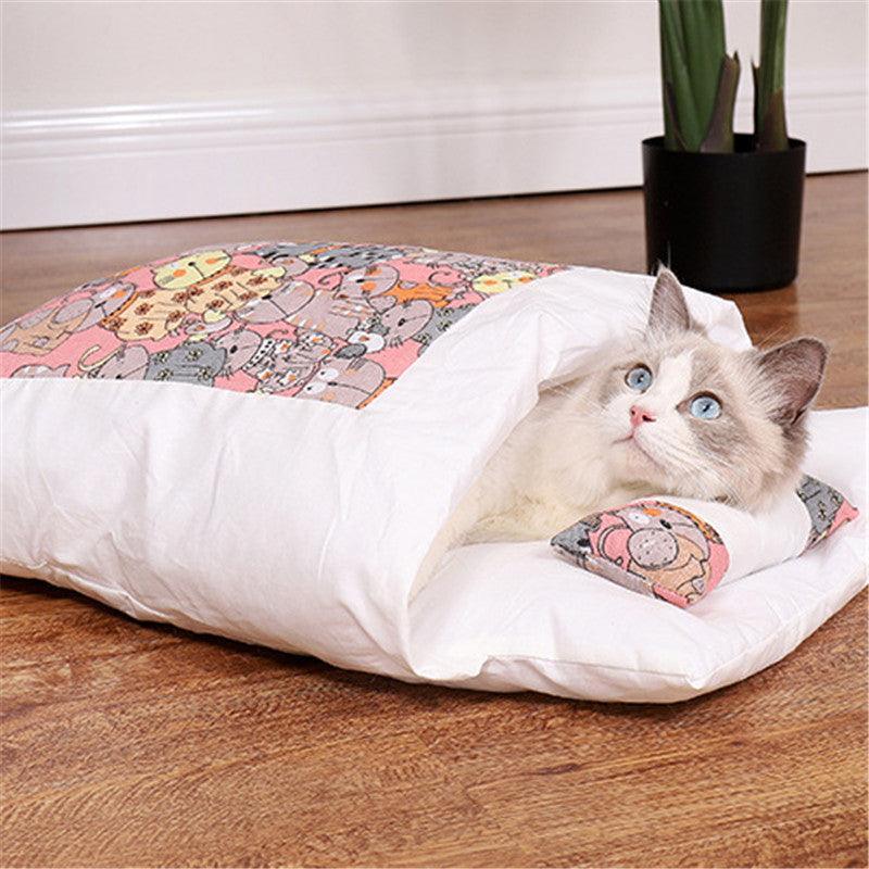Cozy cave cat bed made of soft breathable cloth in a semi enclosed den shape