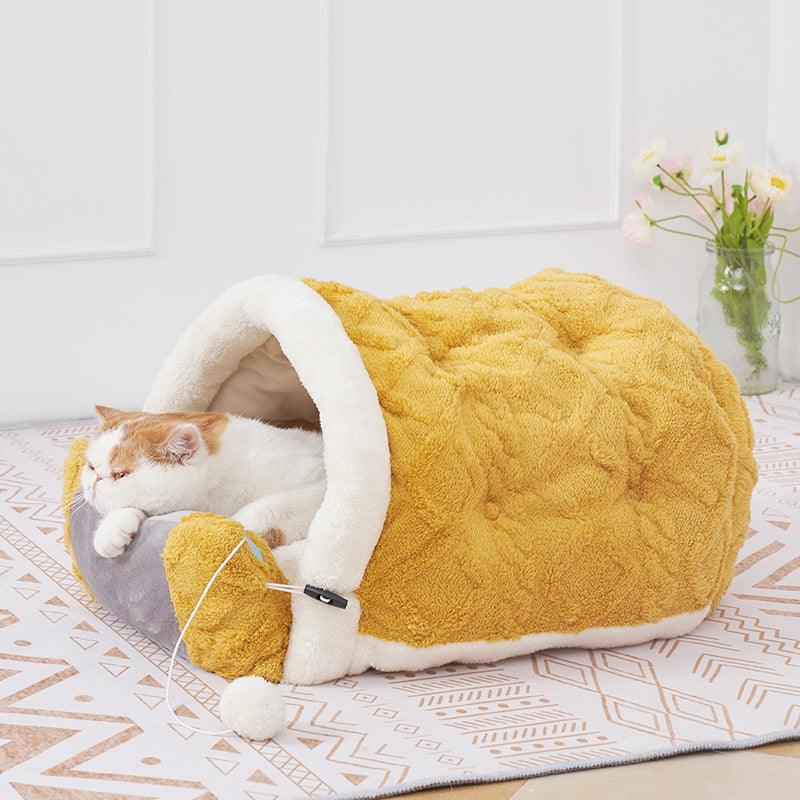 Cozy cave cat bed shaped like a retro game console made of soft arctic velvet