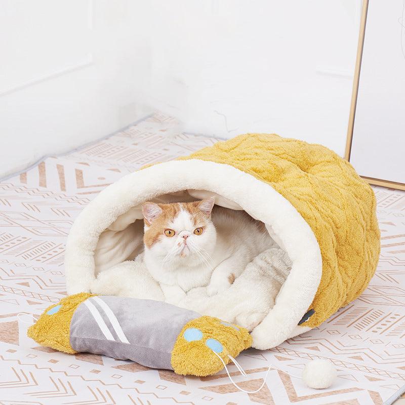Cozy cave cat bed shaped like a retro game console made of soft arctic velvet — view 5