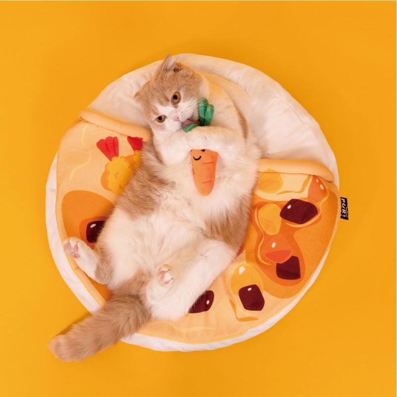 Cozy Curry Nest cat sleeping mat in soft cloth fabric with a quirky curry rice design.