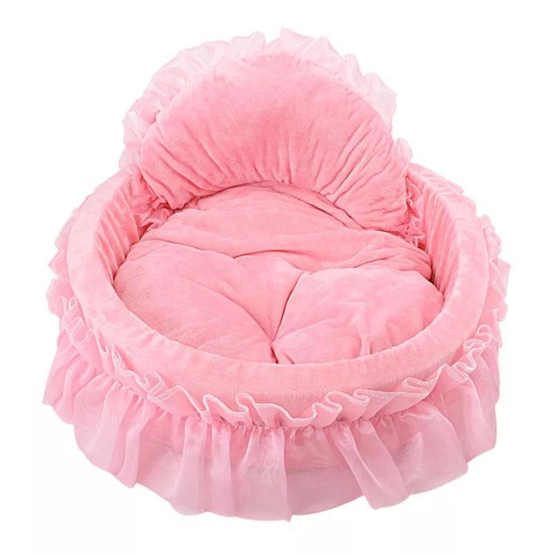 Cozy Haven lace pet bed in plush cloth material with decorative lace trim and raised edges — view 2