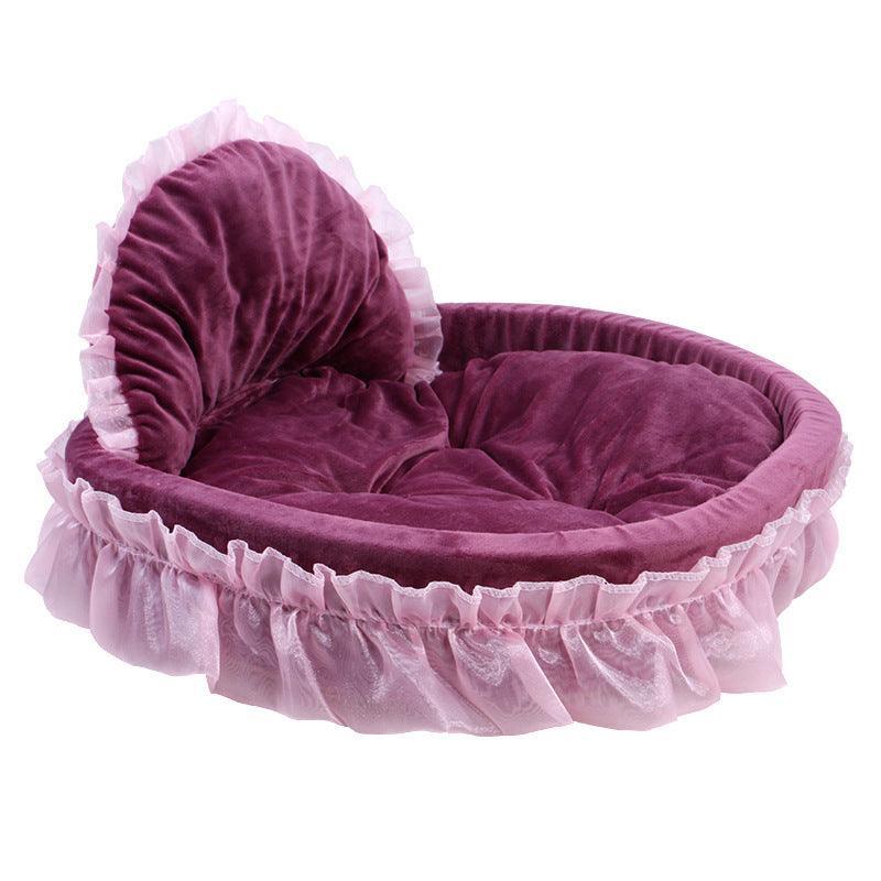 Cozy Haven lace pet bed in plush cloth material with decorative lace trim and raised edges — view 3