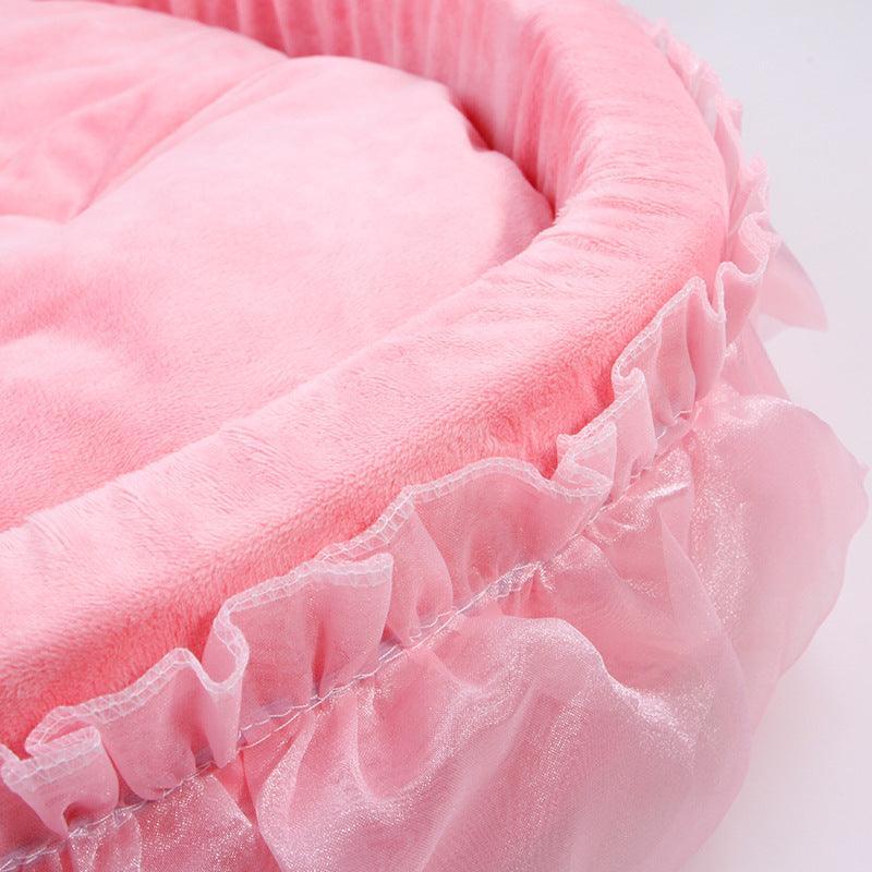 Cozy Haven lace pet bed in plush cloth material with decorative lace trim and raised edges — view 4