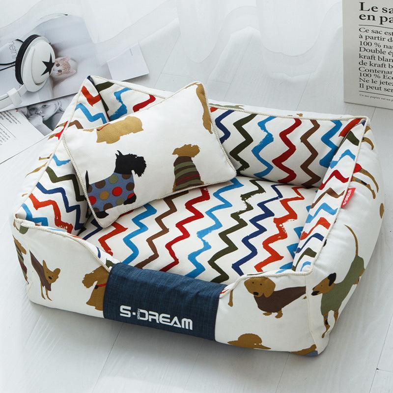 Cozy washable dog and cat bed in durable canvas and oxford cloth with small pillow