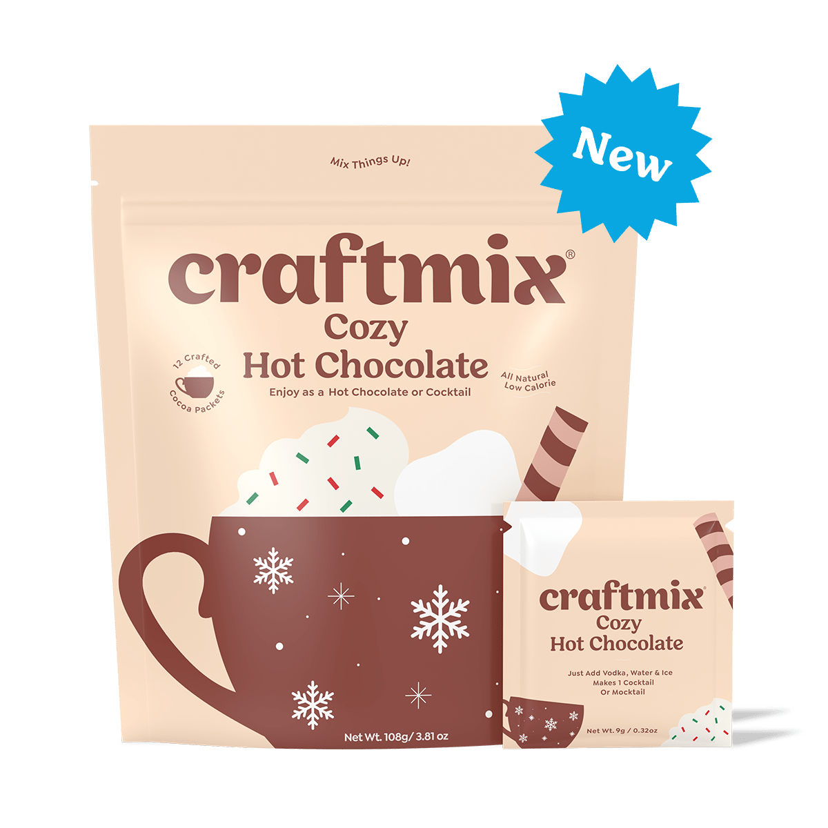 Cozy hot chocolate mix 12-pack by Craftmix, rich cocoa powder in individual serving packets