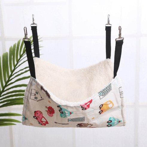 Hanging cat hammock swing in neutral cotton linen with soft cashmere interior and metal hooks — view 2