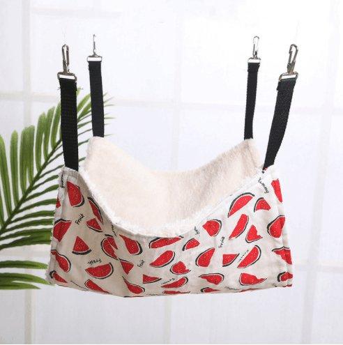 Hanging cat hammock swing in neutral cotton linen with soft cashmere interior and metal hooks — view 3