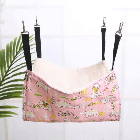 Hanging cat hammock swing in neutral cotton linen with soft cashmere interior and metal hooks