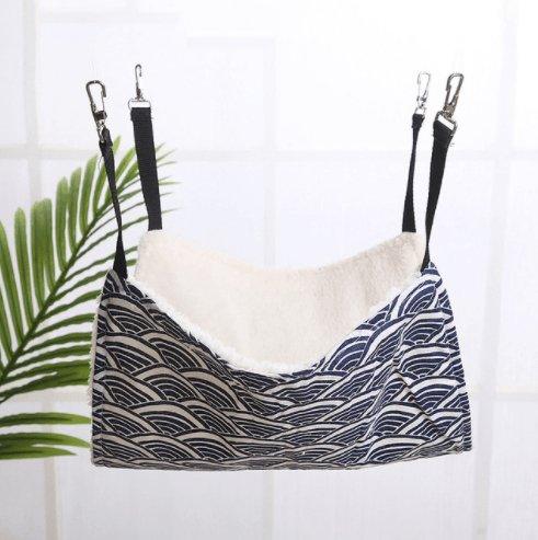 Hanging cat hammock swing in neutral cotton linen with soft cashmere interior and metal hooks — view 5